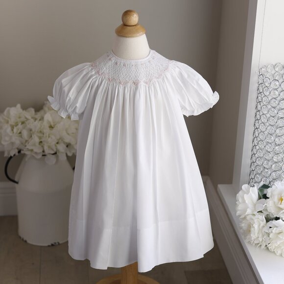 White Smocked Dress Bishop Float Feltman Brothers Pink Bullion Embroidery - Picture 4 of 6